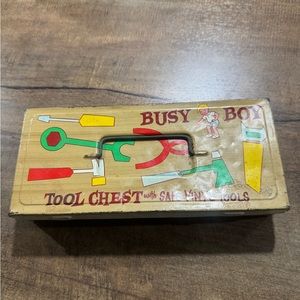 OHIO ART BUSY BOY TIN TOOL CHEST WITH SAFE VINYL TOOLS. PLIERS & 2 SCREWDRIVERS.